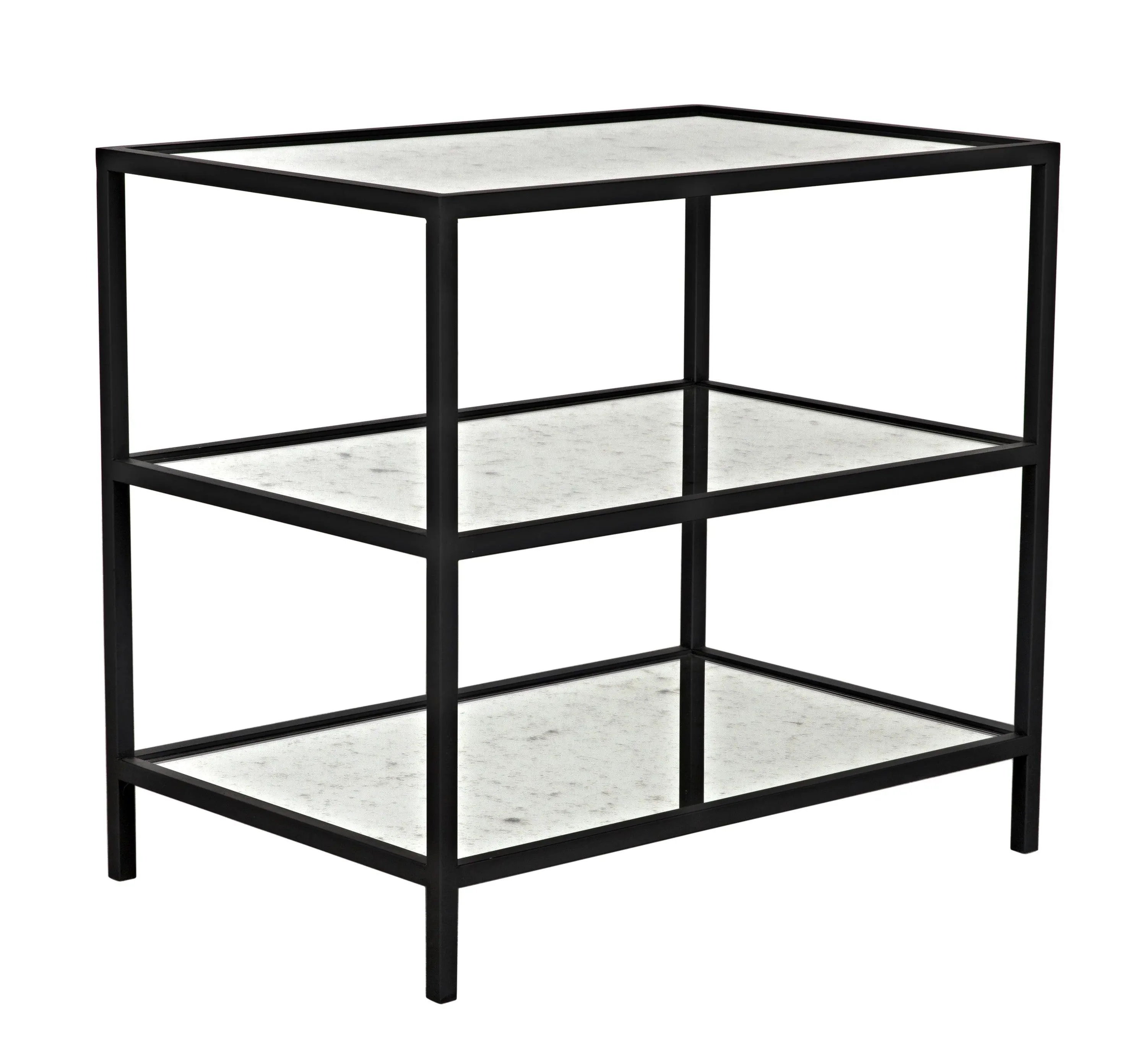 3 Tier Side Table with Antiqued Mirror, Black Steel - Frankwebs