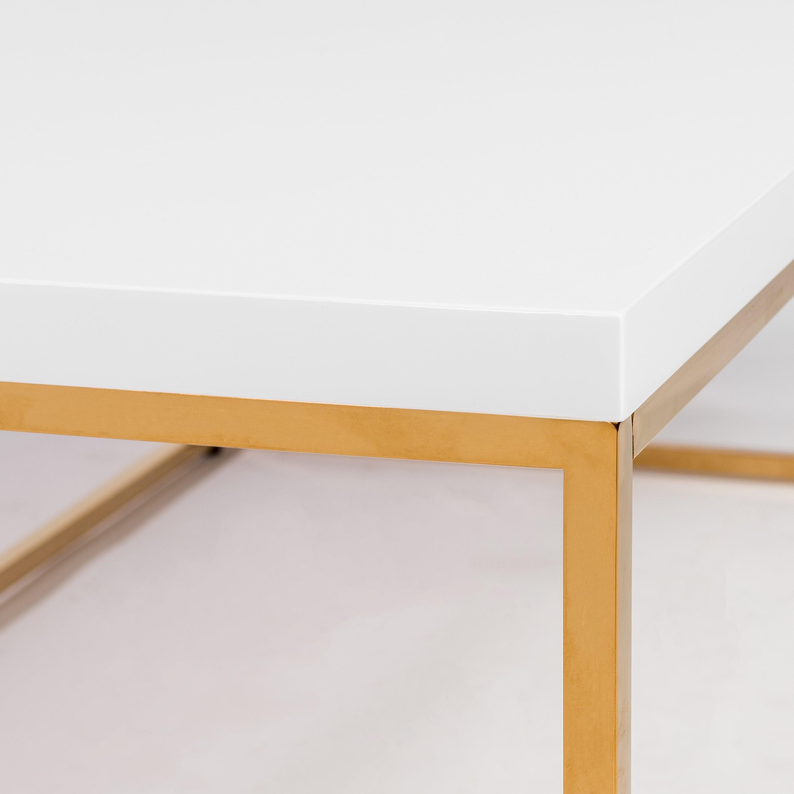 TERESA RECTANGULAR COFFEE TABLE IN HIGH GLOSS WHITE WITH BRUSHED HIGH GLOSS GOLD STAINLESS STEEL BASE - Frankwebs