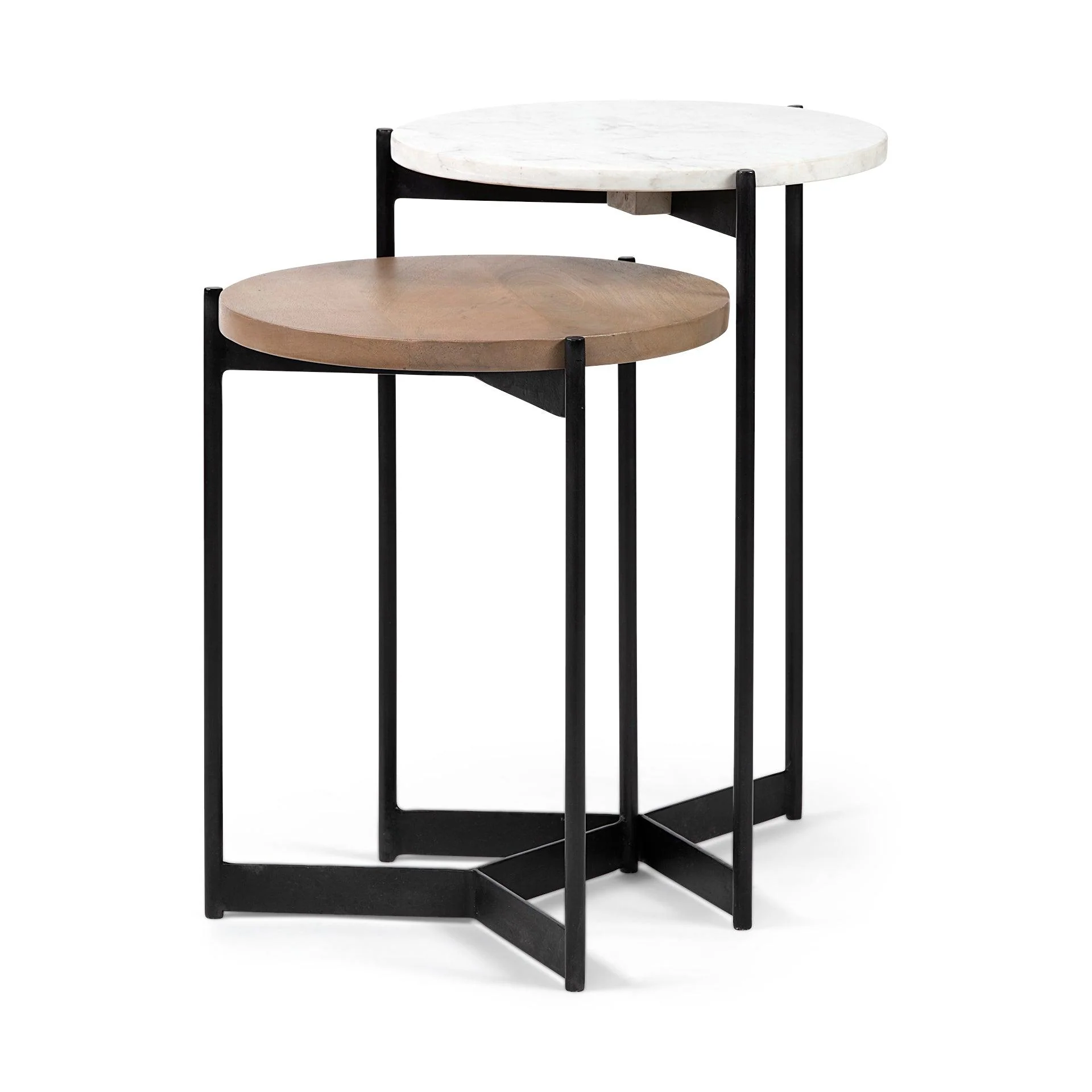 Larkin II Marble and Medium Brown Wood Round Tabletop Nesting End/Side Tables - Frankwebs