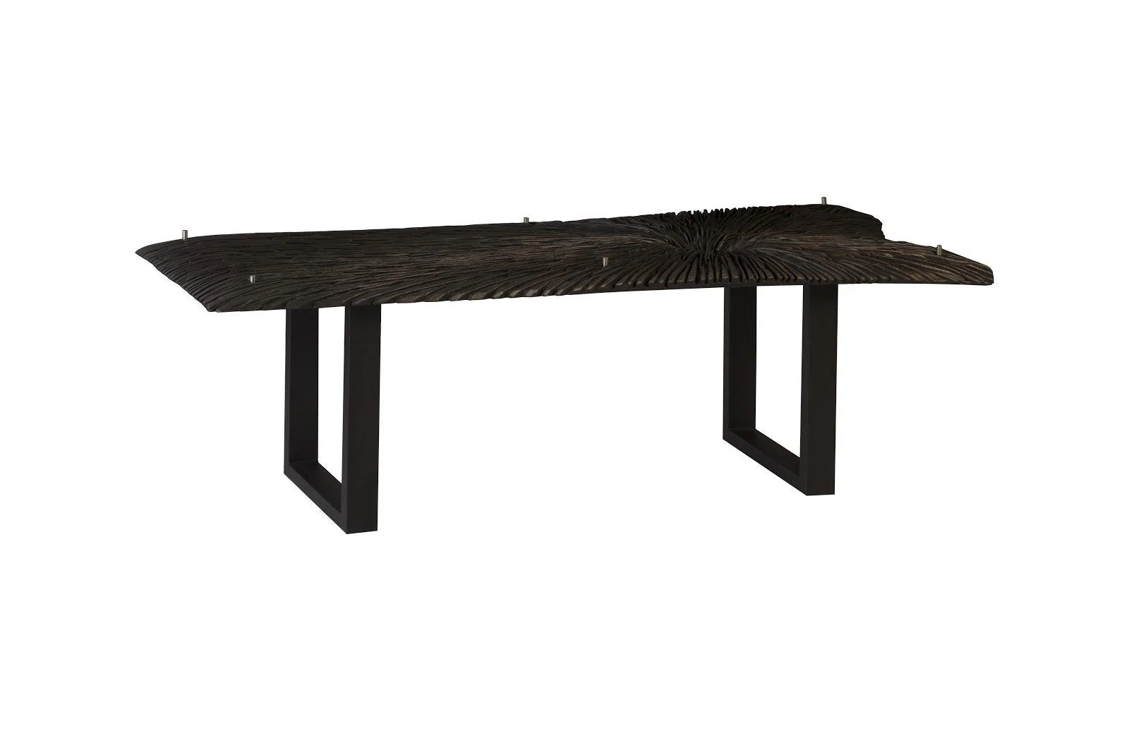 Chainsaw Dining Table with Glass, Burnt Black, Black Iron U Legs - Frankwebs