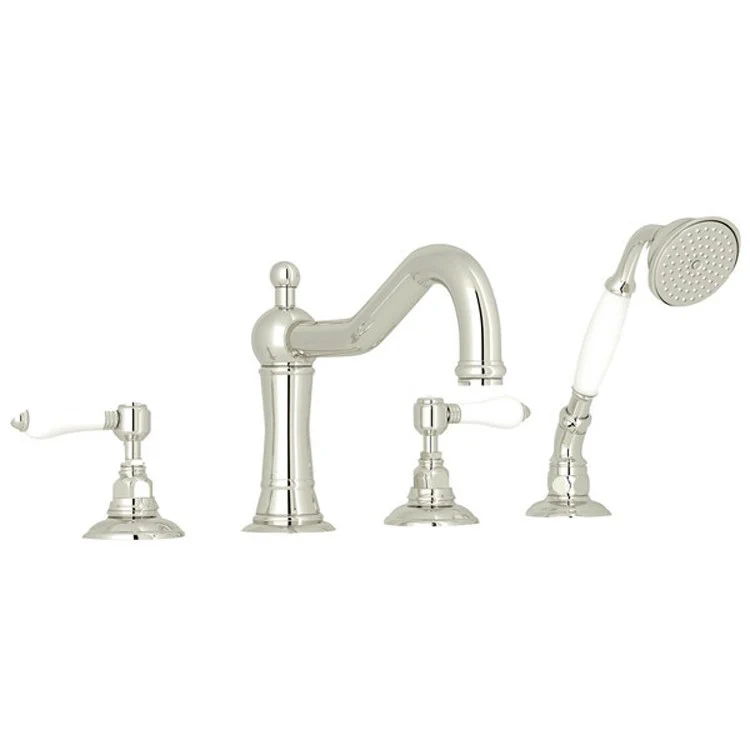 Tub Filler Acqui Deck Mount with Handshower 2 Porcelain Lever Fixed Spout Italian Brass - Frankwebs