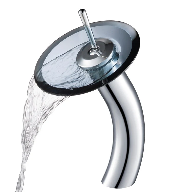 Tall Waterfall Bathroom Faucet for Vessel Sink with Clear Black Glass Disk - Frankwebs
