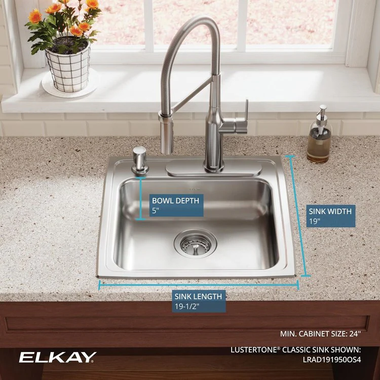 Kitchen Sink Lustertone Classic 19.5 x 19 Inch Single Bowl OS4 Hole ADA Lustrous Satin Drop-In Rectangle Drain Location Rear Center Depth 5 Inch Bottom Only Pads - Frankwebs
