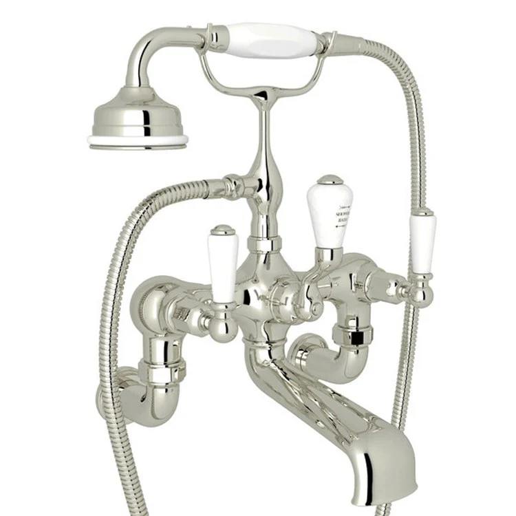 Tub Filler Edwardian Exposed Wall Mount with Handshower 7-7/8 Inch Spread 3 Lever Fixed Spout Polished Nickel - Frankwebs