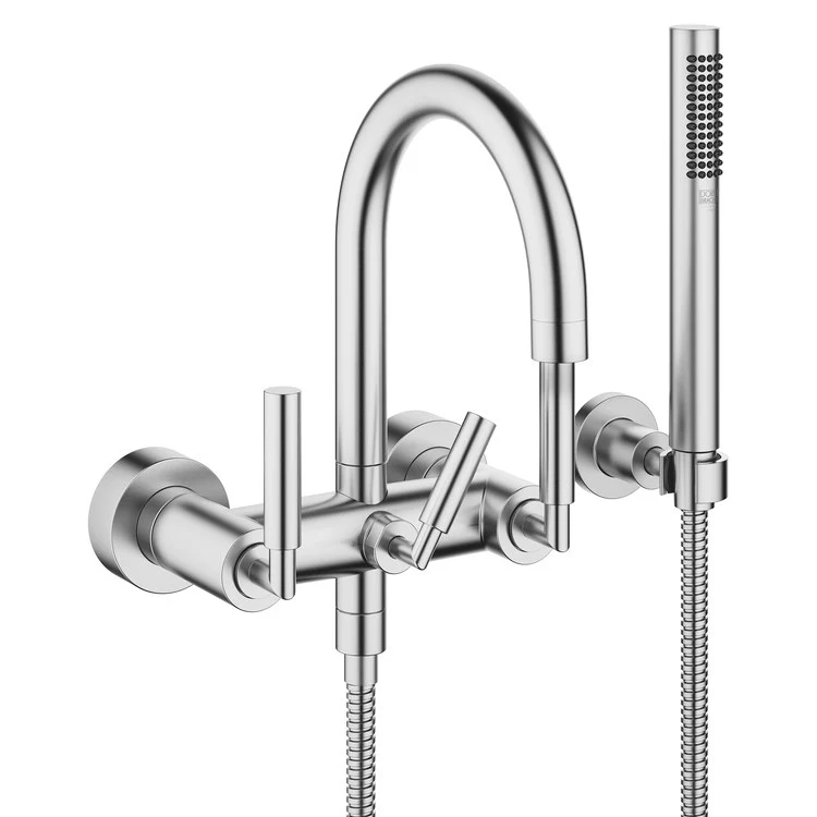Tub Filler TARA Mixer for Wall Mount with Handshower 5-7/8 Inch Spread 3 Lever Brushed Chrome - Frankwebs