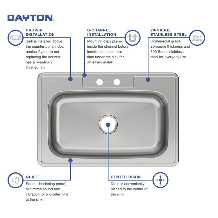 Kitchen Sink Dayton 33 x 22 Inch Single Bowl Equal 2 Hole Elite Satin Drop-In Drain Location Center 8 Inch Bottom Only Pads - Frankwebs