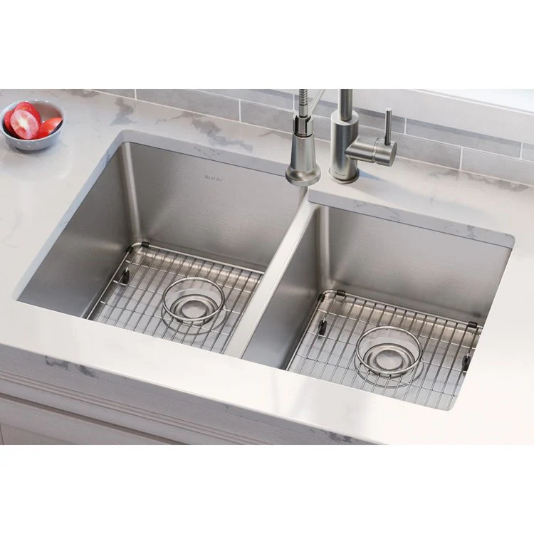 Sink Kit Lustertone Iconix Right Small Bowl 31.25 x 20.5 Inch Double Bowl Luminous Satin One EBG1216 Bottom Grid One EBG1214 Bottom Grid Two LKDD Drain and Strainers - Frankwebs