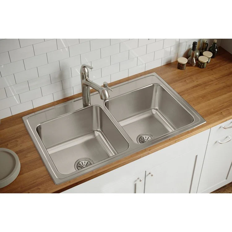 Kitchen Sink Lustertone Classic Gourmet 37 x 22 Inch Double Bowl Equal 2 Hole Lustrous Highlighted Satin Top Mount - Frankwebs