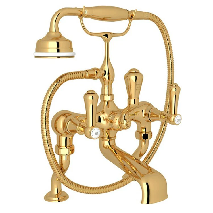 Tub Filler Georgian Era Exposed Deck Mount with Handshower 3 White Porcelain Lever Fixed Spout English Gold - Frankwebs
