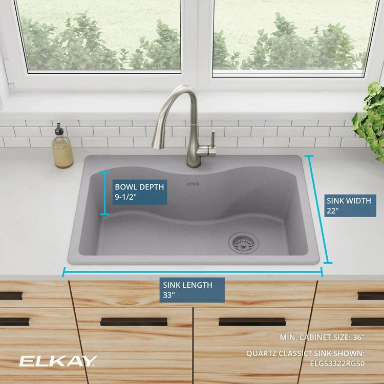 Kitchen Sink Quartz Classic 33 x 22 Inch Single Bowl Greystone Drop-In E-Granite 9-1/2 Inch - Frankwebs