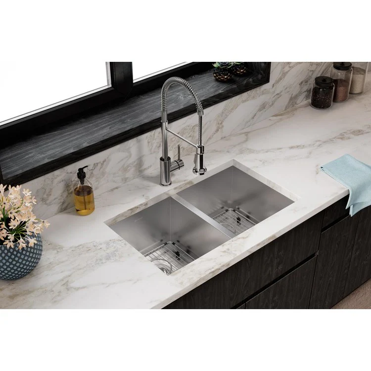 Sink Kit Crosstown Equal 30.75 x 18.5 Inch Double Bowl Polished Satin Two Bottom Grids Two Strainer Drain Cleanser Towel Cloth Bag - Frankwebs