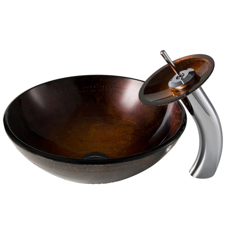 Copper Brown Glass Bathroom Vessel Sink and Waterfall Faucet Combo Set with Disk and Pop-Up Drain - Frankwebs