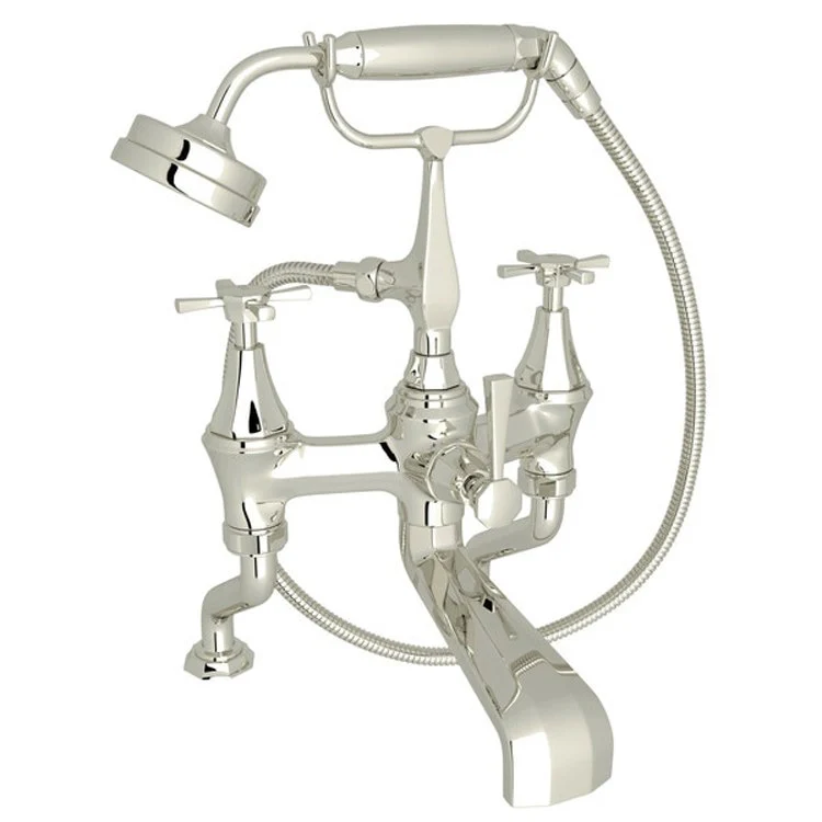 Tub Filler Deco Exposed Deck Mount with Handshower 6-10 Inch Spread 3 Cross/Lever Fixed Spout Polished Chrome - Frankwebs