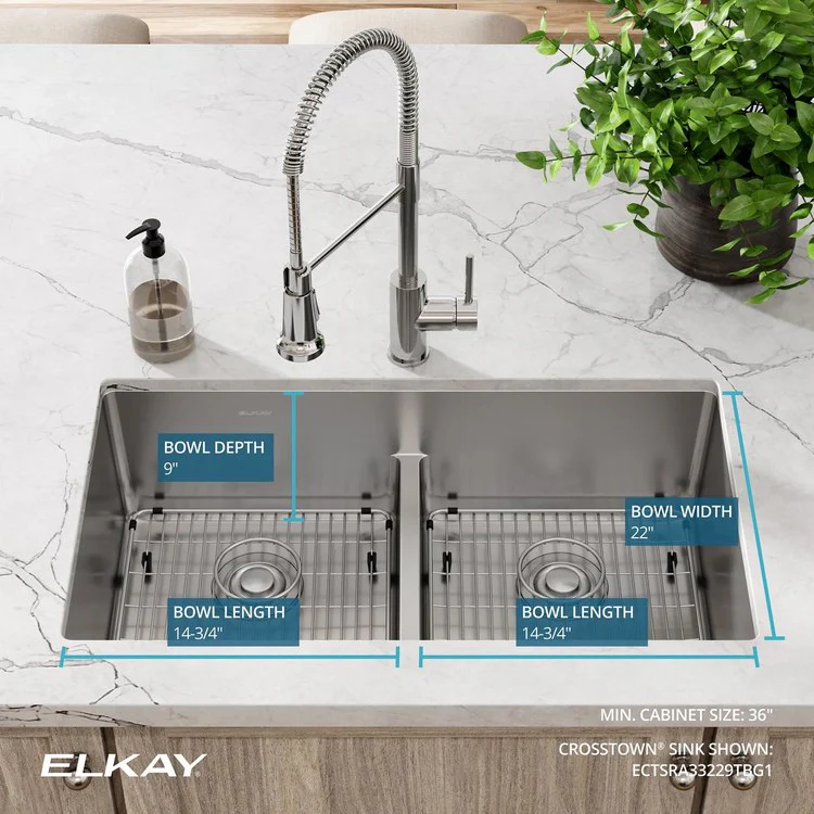 Kitchen Sink Crosstown 33 x 22 Inch Double Bowl Equal Kit with Aqua Divide 1 Hole Polished Satin Drop-In Undermount - Frankwebs