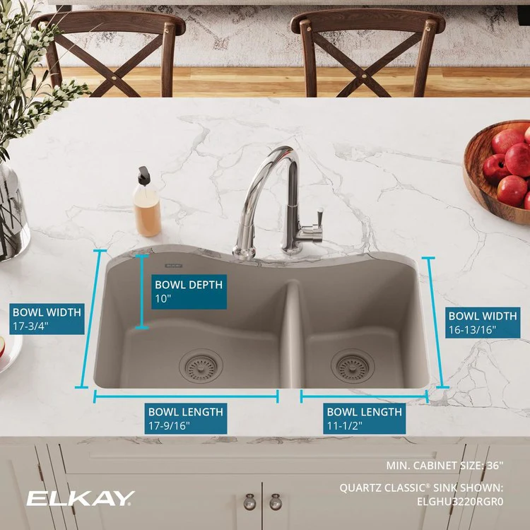 Kitchen Sink Quartz Classic 32.5 x 20 Inch Double Bowl 60/40 Greige Undermount - Frankwebs
