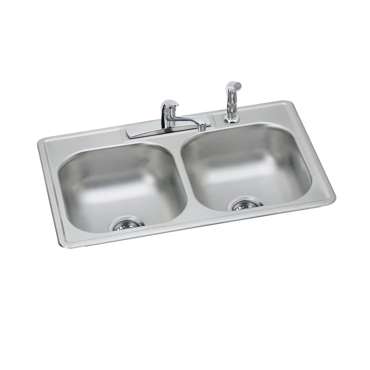 Kitchen Sink Dayton 33 x 22 Inch Double Bowl Equal Kit with Faucet Satin 4 Hole Drop-In - Frankwebs