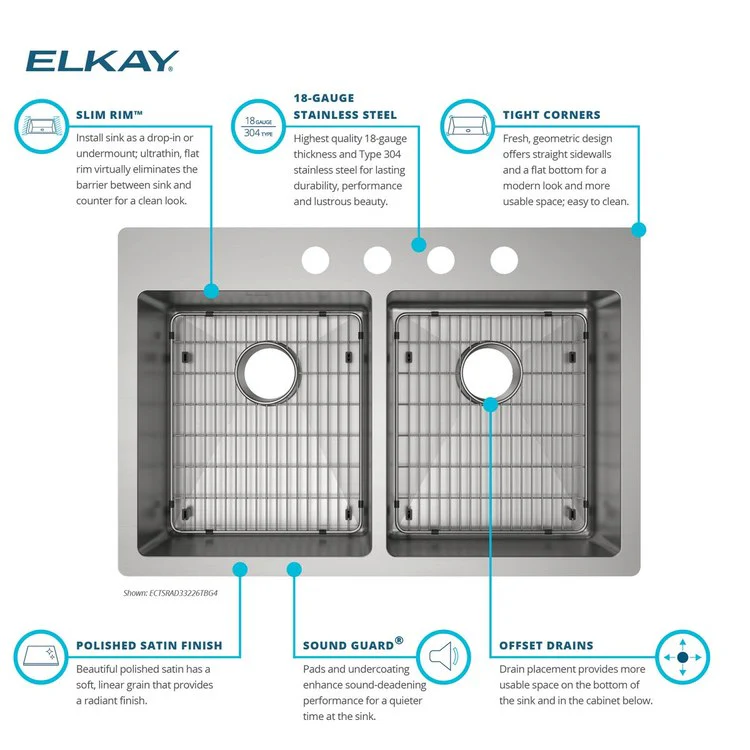 Kitchen Sink Crosstown 33 x 22 Inch Double Bowl Equal Kit 4 Hole ADA Polished Satin Drop-In Undermount Rectangle Drain Location Rear Center Depth 6 Inch Sound Guard Slim Rim - Frankwebs