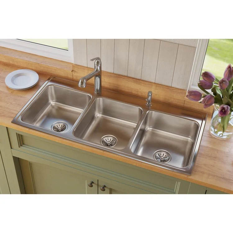Kitchen Sink Lustertone Classic 46 x 22 Inch Triple Bowl 2 Hole Lustrous Satin Drop-In Drain Location Center Bottom Only Pads - Frankwebs