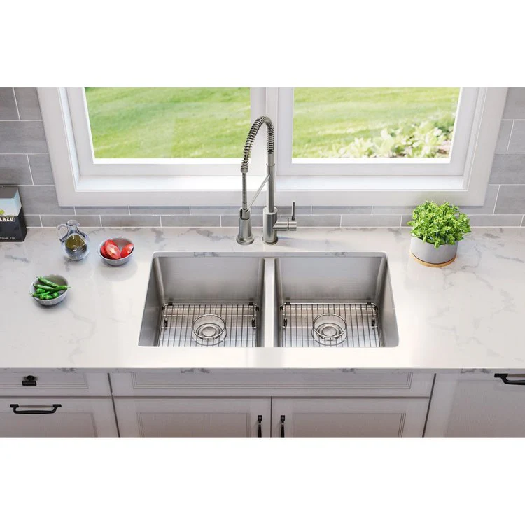 Sink Kit Lustertone Iconix 32.75 x 19.5 Inch Double Bowl Luminous Satin Two EBG1315 Bottom Grids Two LKDD Drain and Strainers - Frankwebs