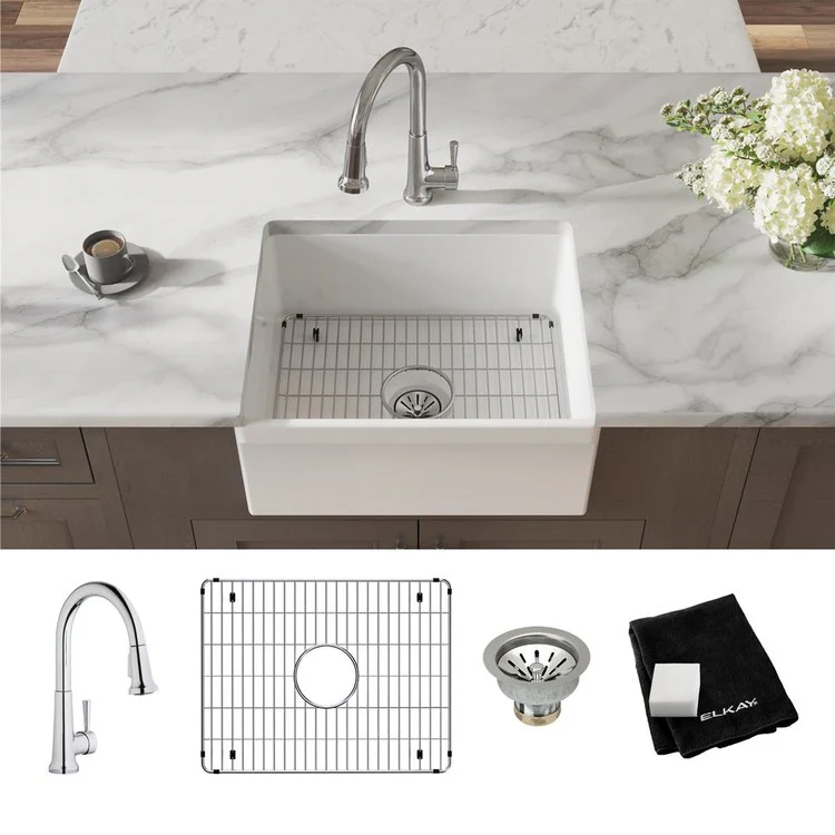 Kitchen Sink Fireclay 24.5 x 20 Inch Single Bowl Kit Apron Front with Faucet ADA White Farmhouse Rectangle Drain Location Center Depth 10-1/8 Inch - Frankwebs