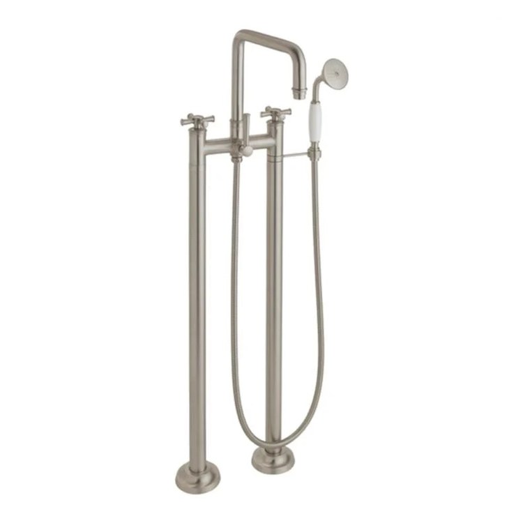 Tub Filler Hermosa Traditional Floor Mount with Handshower 7 Inch Spread 3 Series 48 Cross Satin Nickel 2 Hole - Frankwebs