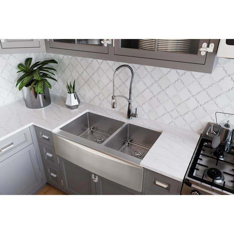 Kitchen Sink Crosstown 36 x 20.31 Inch Double Bowl Kit Polished Satin Farmhouse - Frankwebs