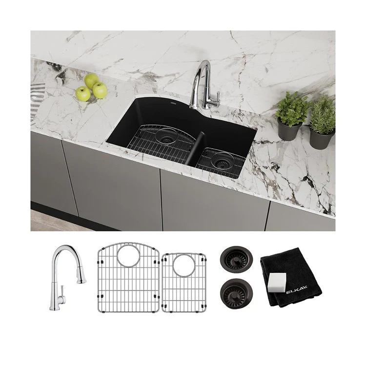 Kitchen Sink Quartz Classic 33 x 22 Inch Double Bowl Offset 60/40 Kit with Faucet & Aqua Divide Black Undermount - Frankwebs