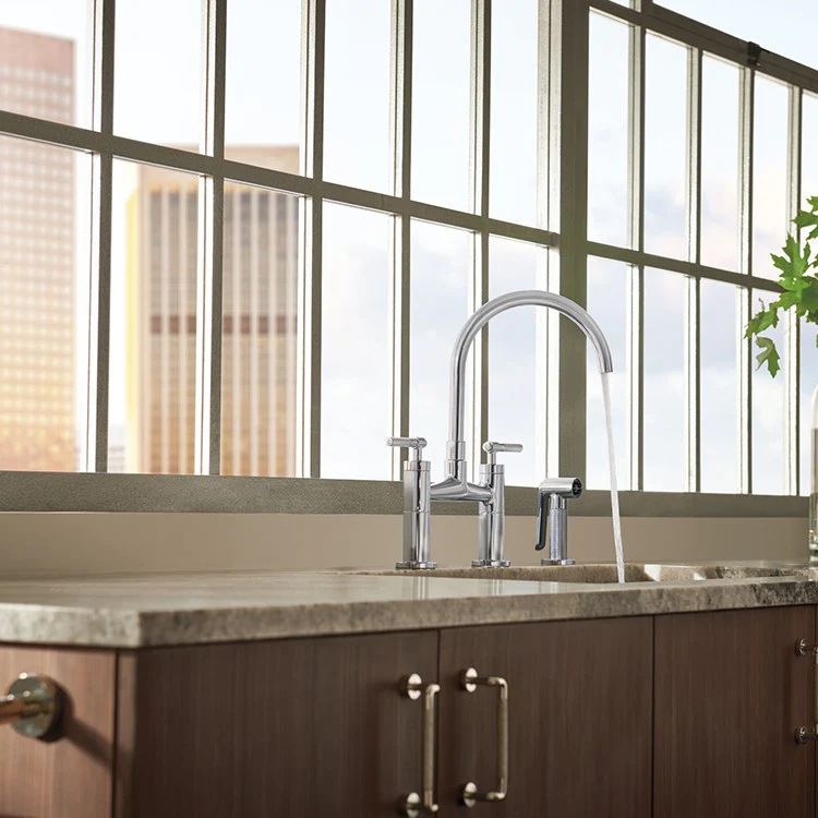 Litze Two Handle Kitchen Bridge Faucet with High-Arc Spout/Knurled Handle/Side Sprayer - Frankwebs