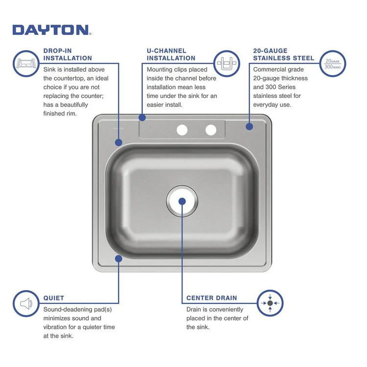 Kitchen Sink Dayton 25 x 22 Inch Single Bowl MR2 Hole Elite Satin Drop-In Drain Location Center Bottom Only Pads - Frankwebs