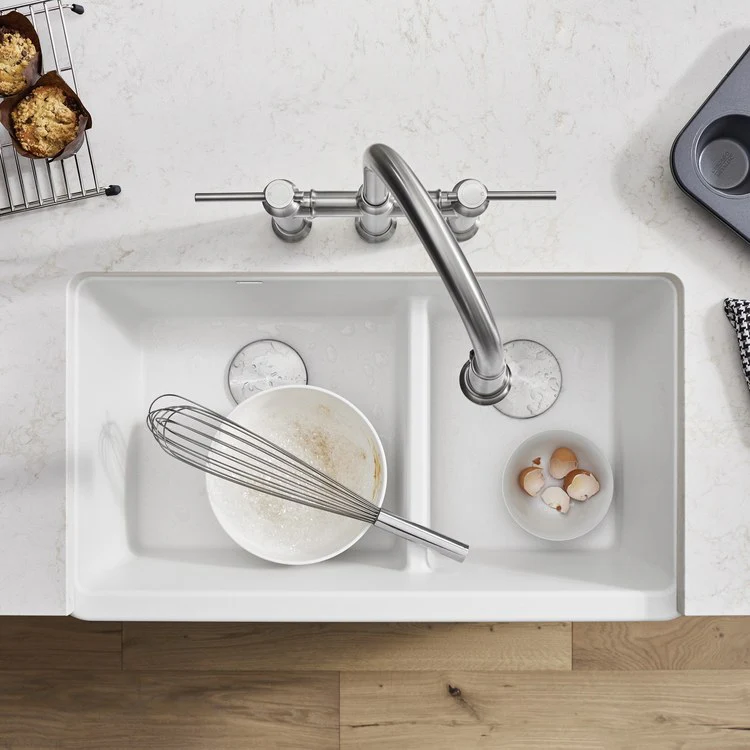 Kitchen Sink Ikon 33 x 19 Inch Double Bowl Apron Front 1-3/4 with Low Divide White Farmhouse - Frankwebs