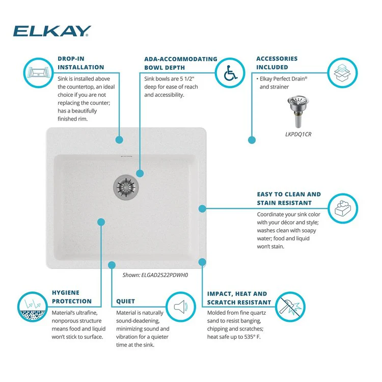 Kitchen Sink Quartz Classic 25 x 22 Inch Single Bowl ADA White Drop-In Rectangle Drain Location Rear Center Depth 5-1/2 Inch Naturally Sound Deadening Superior Heat Scratch Fade and Stain Resistance - Frankwebs