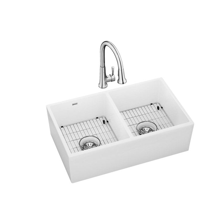 Kitchen Sink Fireclay 33 x 20 Inch Double Bowl Equal Kit Apron Front with Faucet ADA White Farmhouse Rectangle Drain Location Center Depth 10-1/8 Inch - Frankwebs