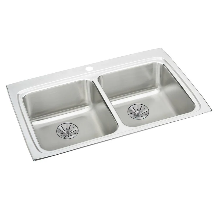Kitchen Sink Lustertone Classic 33 x 22 Inch Double Bowl Equal with Perfect Drain 1 Hole ADA Lustrous Satin Drop-In Rectangle Drain Location Rear Center Depth 6-1/2 Inch Bottom Only Pads - Frankwebs