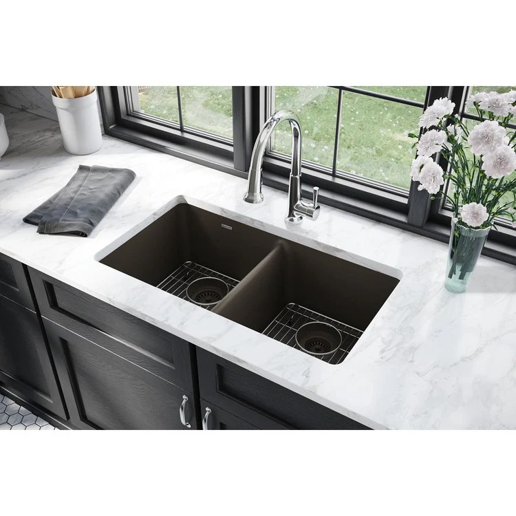 Kitchen Sink Quartz Classic 33 x 18.5 Inch Double Bowl Equal Kit with Faucet Mocha Undermount - Frankwebs
