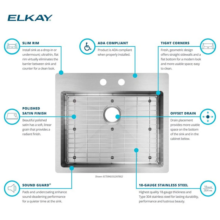 Kitchen Sink Crosstown 25 x 22 Inch Single Bowl 2 Hole ADA Polished Satin Drop-In Undermount Rectangle Drain Location Rear Center Depth 6 Inch Sound Guard - Frankwebs