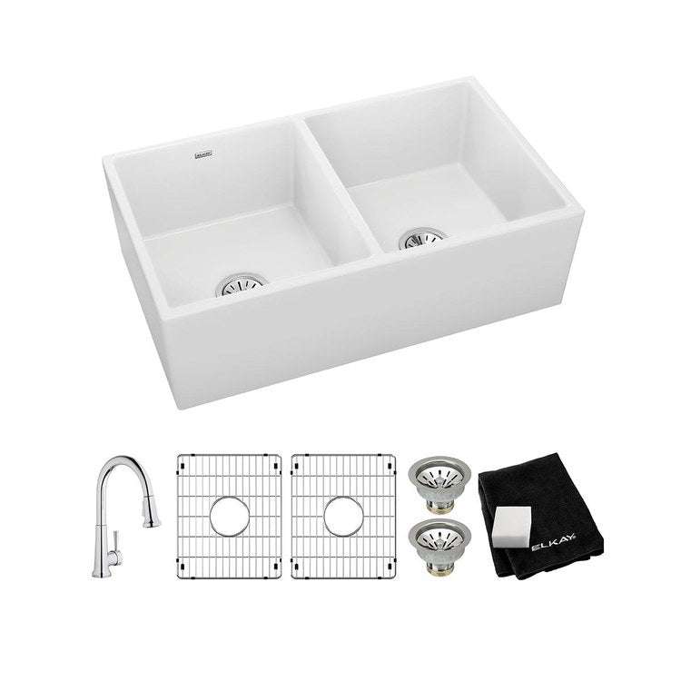 Kitchen Sink Fireclay 33 x 20 Inch Double Bowl Equal Kit Apron Front with Faucet ADA White Farmhouse Rectangle Drain Location Center Depth 10-1/8 Inch - Frankwebs