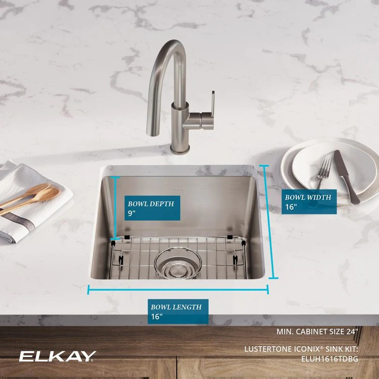 Sink Kit Lustertone Iconix 18.5 x 18.5 Inch Single Bowl Luminous Satin Bottom Grid Drain Strainer - Frankwebs