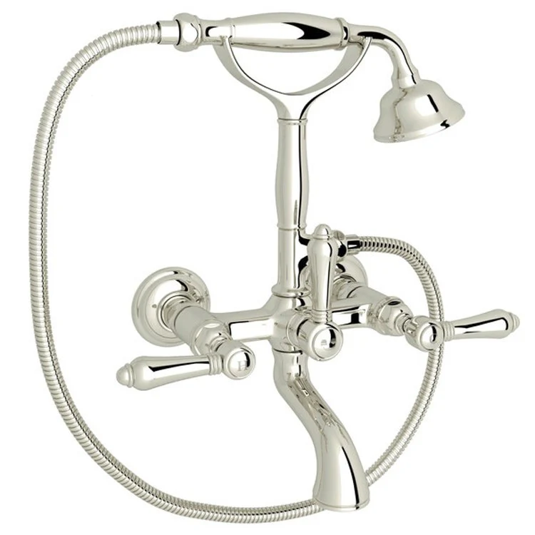 Tub Filler Wall Mount with Handshower 3 Metal Lever Exposed Spout Satin Nickel - Frankwebs