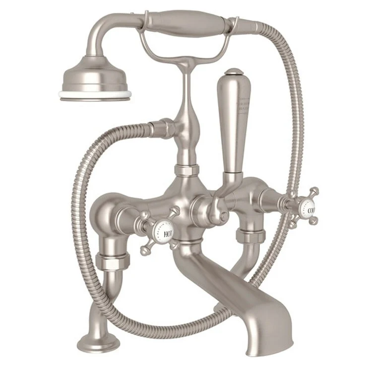 Tub Filler Georgian Era Exposed Deck Mount with Handshower 3 Cross/Lever Fixed Spout Satin Nickel - Frankwebs
