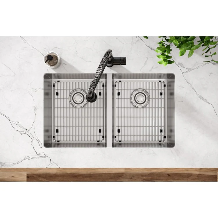 Sink Kit Crosstown Equal 30.75 x 18.5 Inch Double Bowl Polished Satin Two Bottom Grids Two Strainer Drains Cleanser Towel Cloth Bag - Frankwebs