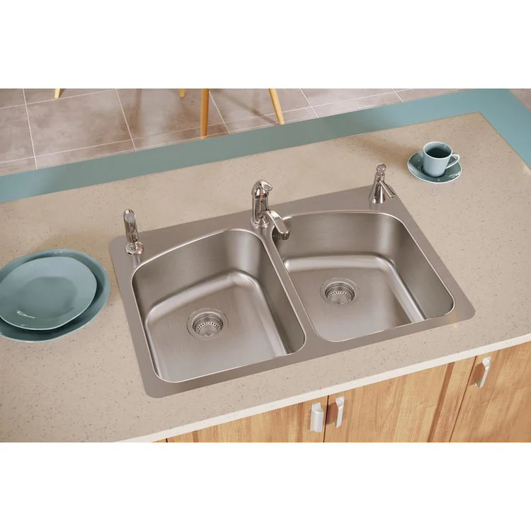 Kitchen Sink Dayton 33 x 22 Inch Double Bowl Equal 3 Hole Premium Highlighted Satin Drop-In/Undermount - Frankwebs