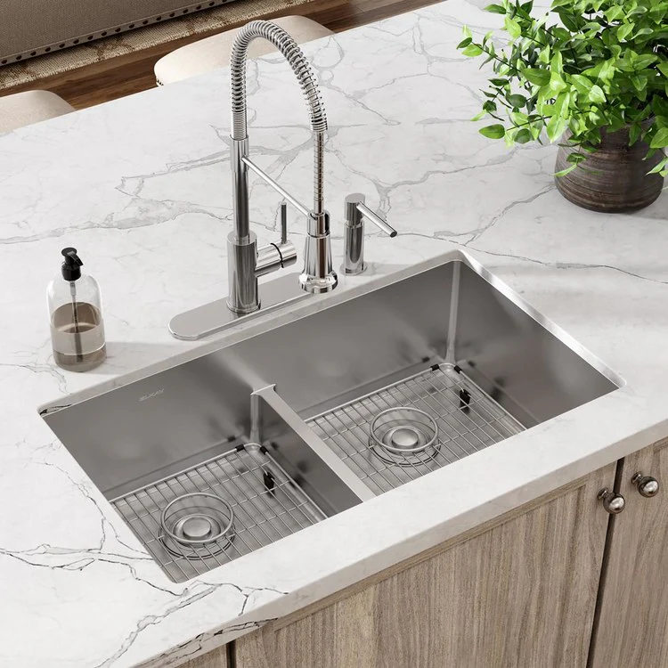 Kitchen Sink Crosstown 33 x 22 Inch Double Bowl Equal Kit with Aqua Divide 4 Hole Polished Satin Drop-In Undermount - Frankwebs