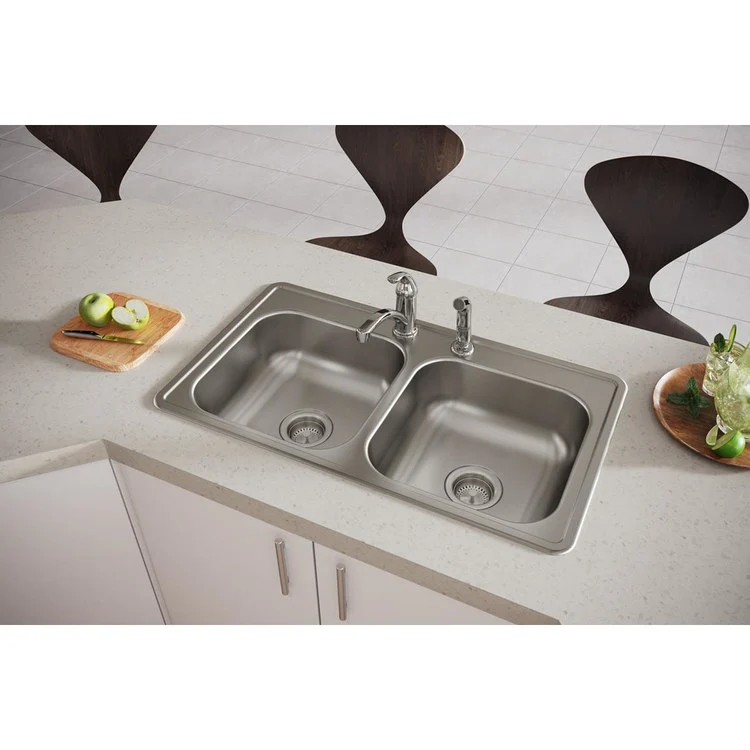 Kitchen Sink Dayton 33 x 19 Inch Double Bowl Equal 2 Hole ADA Satin Drop-In Rectangle Drain Location Center Depth 6-4/9 Inch Bottom Only Pads - Frankwebs