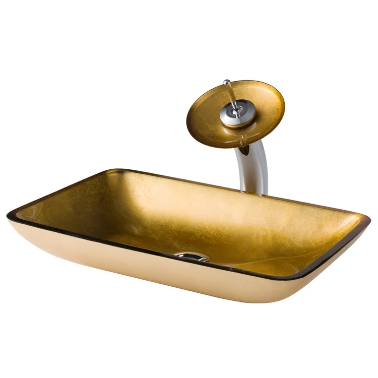 Rectangular Gold Glass Bathroom Vessel Sink and Waterfall Faucet Combo Set with Disk and Pop-Up Drain - Frankwebs
