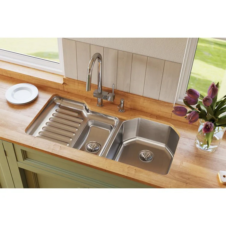 Kitchen Sink Lustertone Classic 41.5 x 20.5 Inch Double Bowl 60/40 with Rib Area Lustrous Highlighted Satin Undermount - Frankwebs