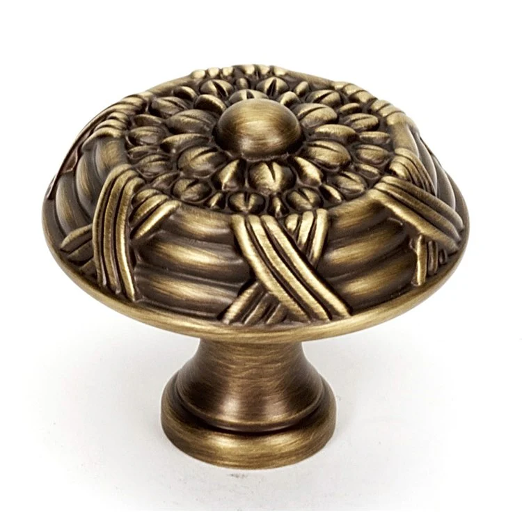 Knob Ribbon and Reed Round Polished Antique Brass 1-1/2 Inch 1-1/2 Inch 5/8 Inch - Frankwebs