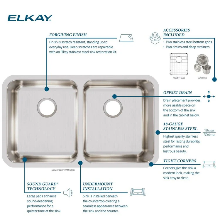 Sink Kit Lustertone Iconix 32.75 x 19.5 Inch Double Bowl Luminous Satin Two EBG1315 Bottom Grids Two LKDD Drain and Strainers - Frankwebs