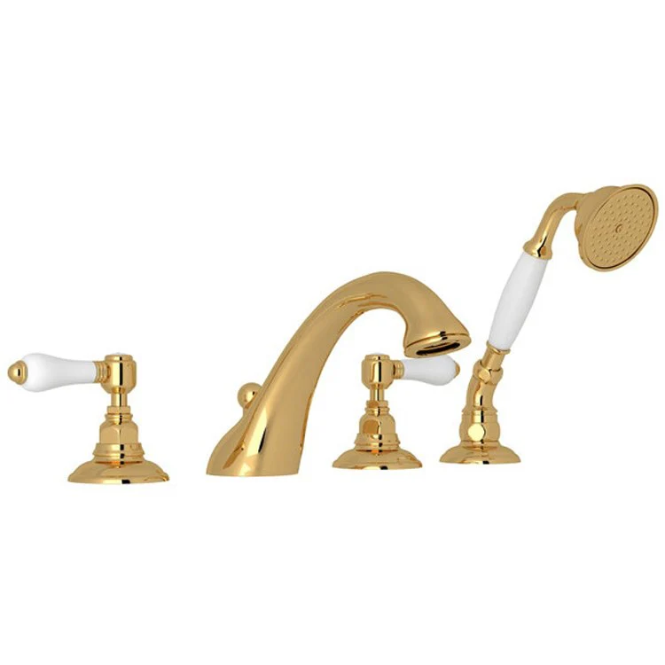 Tub Filler Viaggio Deck Mount with Handshower 2 Porcelain Lever C-Spout Italian Brass - Frankwebs