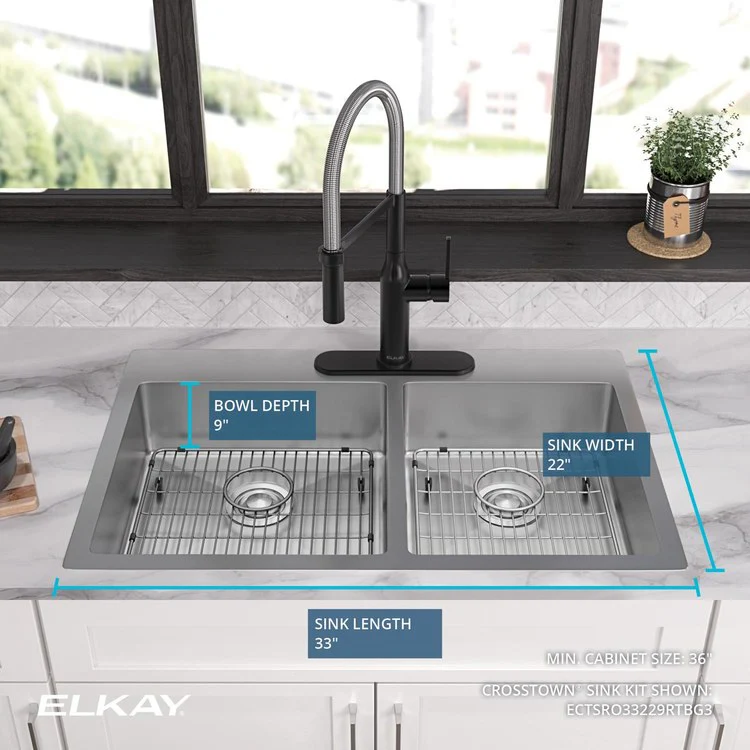 Kitchen Sink Crosstown 33 x 22 Inch Double Bowl 60/40 Kit 3 Hole Polished Satin Drop-In Undermount - Frankwebs