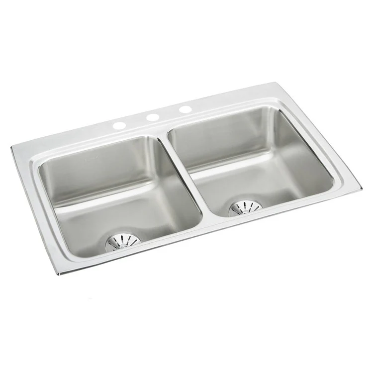 Kitchen Sink Lustertone Classic 33 x 22 Inch Double Bowl Equal with Perfect Drain 3 Hole Lustertone Top Mount Stainless Steel Drain Location Center Side and Bottom Pads - Frankwebs